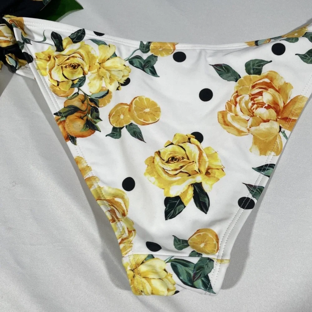 NEW‎ River Island [ 6 US ] Floral Lemon Blocked Tie Side Bikini Bottom White